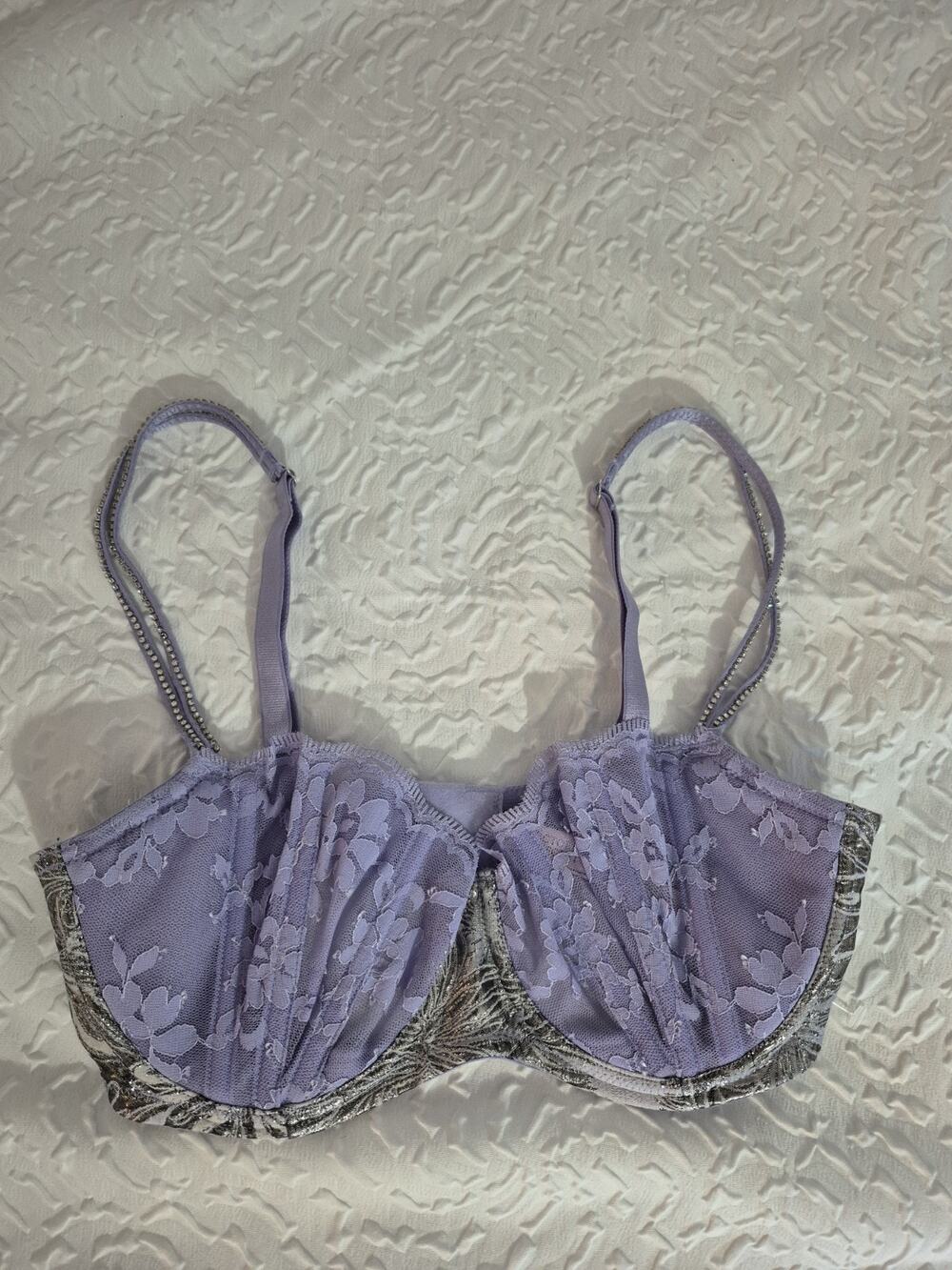 💥 Victoria's Secret Dream Angels Balconette Bra 34D Lavender Lace Rhinestone D3
